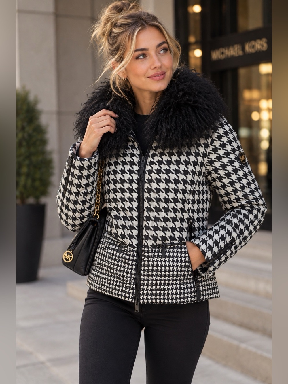 Michael Kors Houndstooth Down Puffer Jacket Genuine Mongolian Fur S
